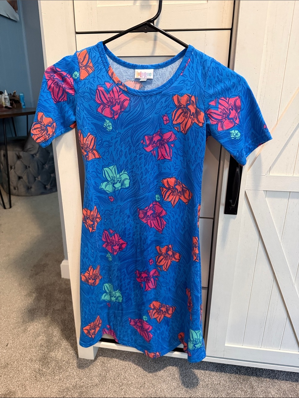LuLaRoe Blue Floral Shift Dress with Pink and Orange Blooms
